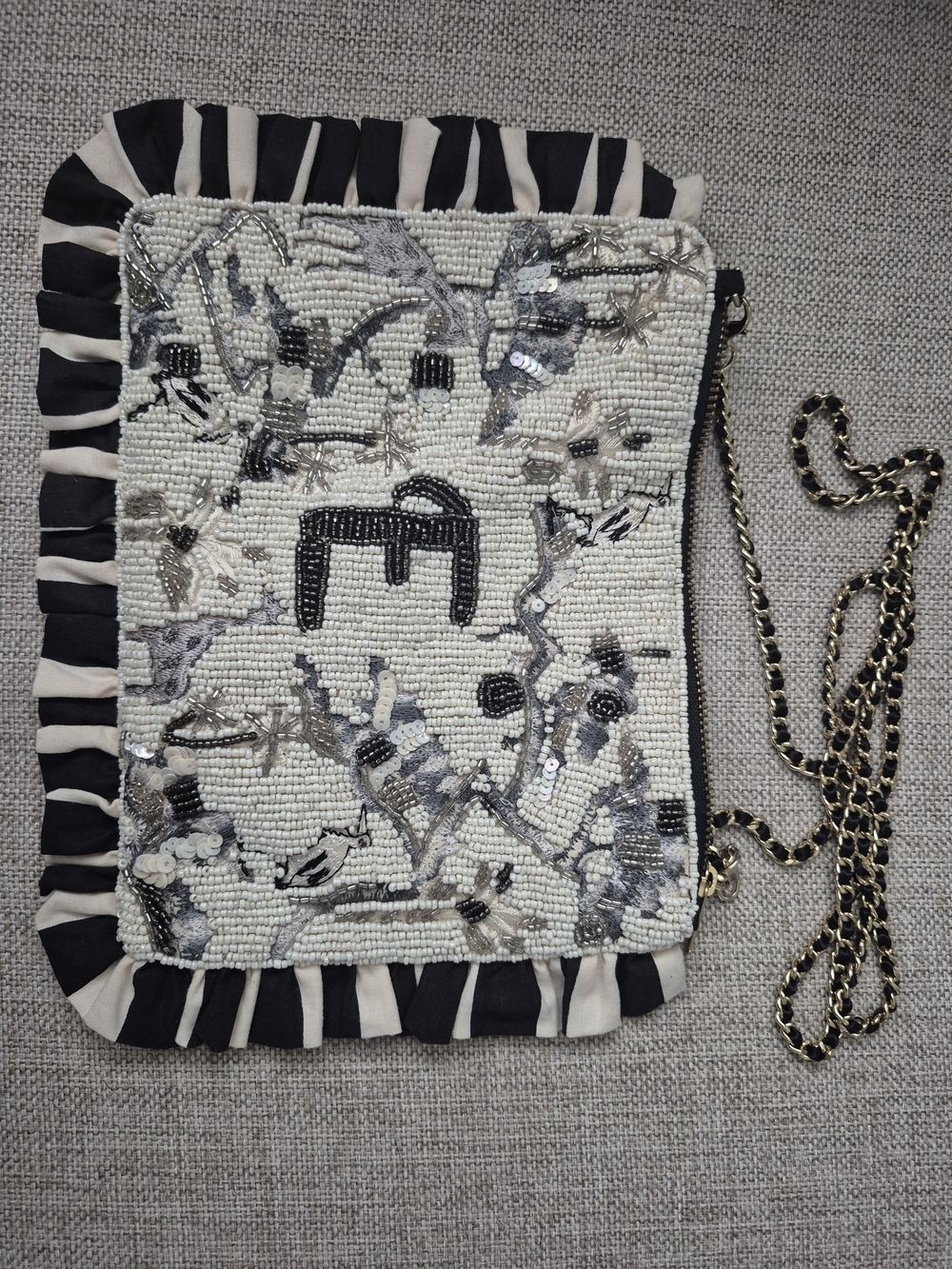 Anthropologie Beaded Black & White Ruffle Crossbody Bag Monogram